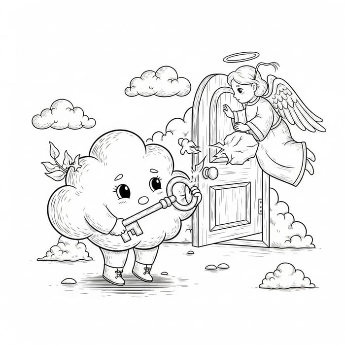 Whimsical Cloud Coloring Page with Key and Angelic Connection