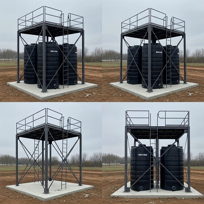 Steel Structure Design for Supporting Three Water Tanks | Top & Side Views