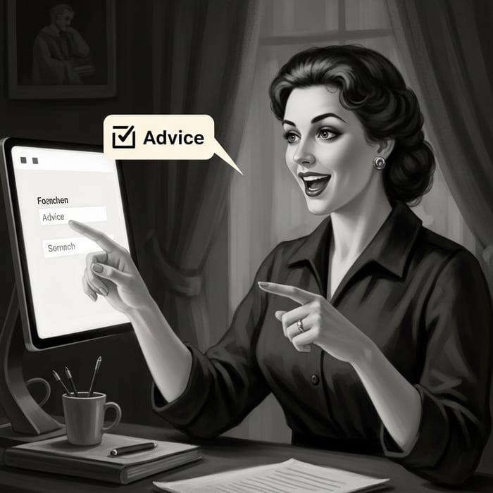 Enthusiastic Russian Woman Giving Online Form Advice - Vintage Art