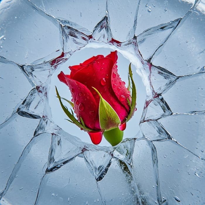 Dramatic Red Rose Blossoming from Cracked Ice Cube Dramatic Red Rose Blossoming from Cracked Ice Cube