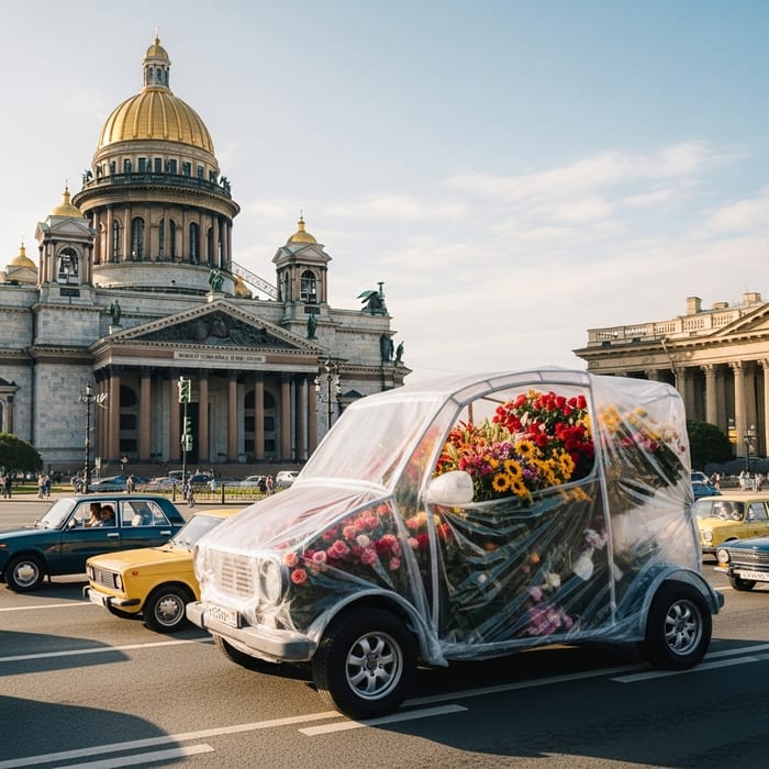 Hyperrealistic Scene near Saint Isaac's Cathedral with Flower-Filled Plastic Bag