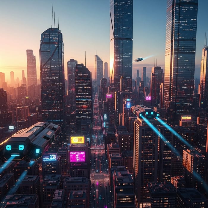 Neon Cyberpunk Cityscape - Aerial Drone at Sunset