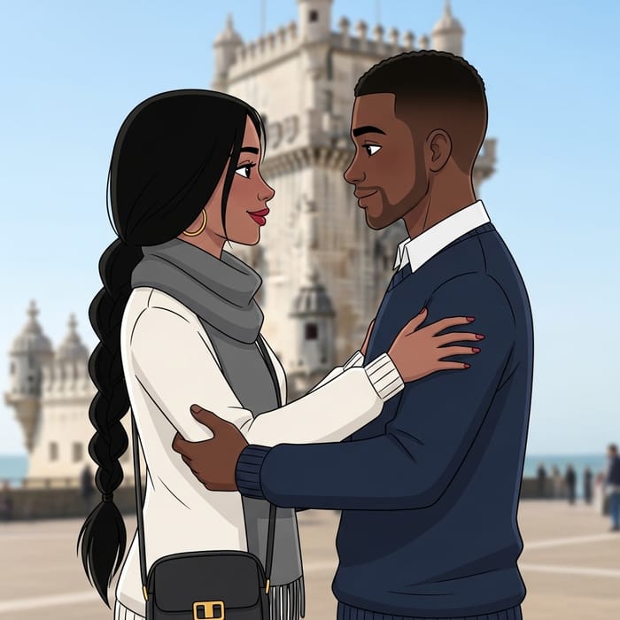 Animated Scene: Black-Haired Woman with Long Braid & Smiling Man in Lisbon Animated Scene: Black-Haired Woman with Long Braid & Smiling Man in Lisbon