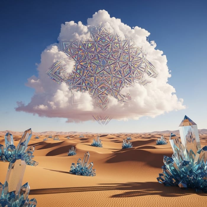 Colorful Geometric Pattern Floating Above Ethereal Desert with Giant Crystals