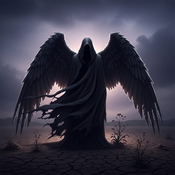 Hyper-Realistic Tall Figure in Tattered Black Cloak & Wings - 8K