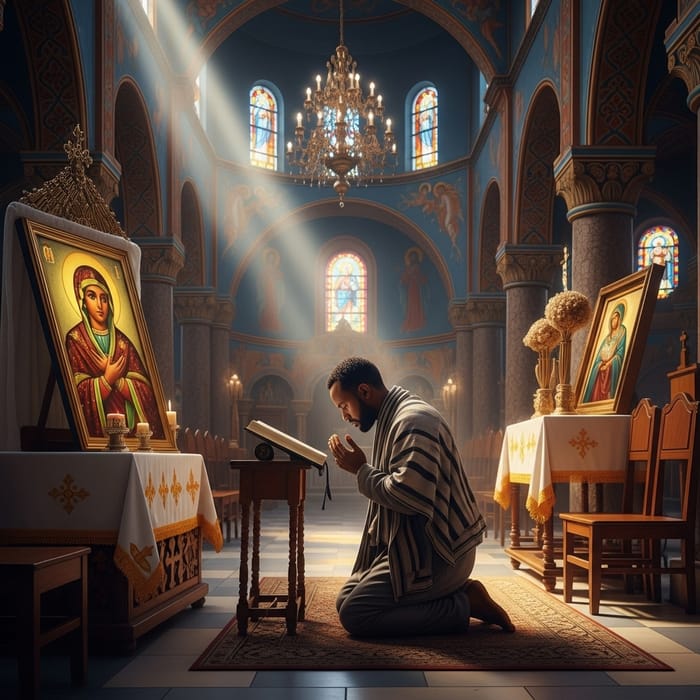 Ethiopian Man Praying with Holy Virgin Mary Image in Orthodox Church Ethiopian Man Praying with Holy Virgin Mary Image in Orthodox Church