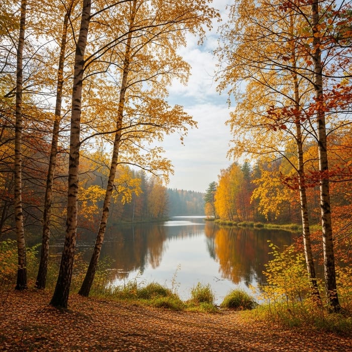 Birch Tree Forest Lake Landscape