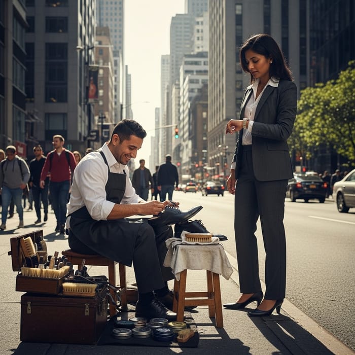 Vibrant Street Scene: Shoe Cleaner & Business Executive Interaction Vibrant Street Scene: Shoe Cleaner & Business Executive Interaction
