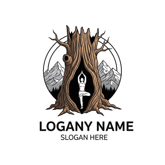 Man Practicing Yoga Inside Tree Trunk Surrounded by Mountains Man Practicing Yoga Inside Tree Trunk Surrounded by Mountains