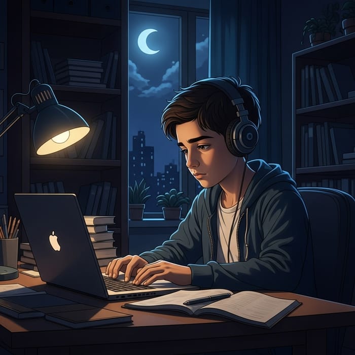 Serene Teenage Boy Studying Under Moonlight | Peaceful Room Ambience