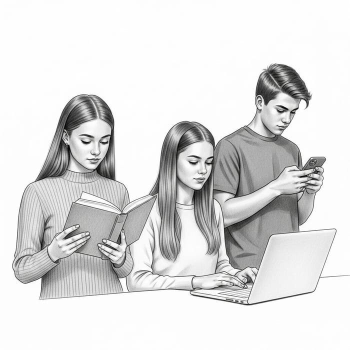 Caucasian Teens Pencil Sketch: Reading & Tech Focus Caucasian Teens Pencil Sketch: Reading & Tech Focus