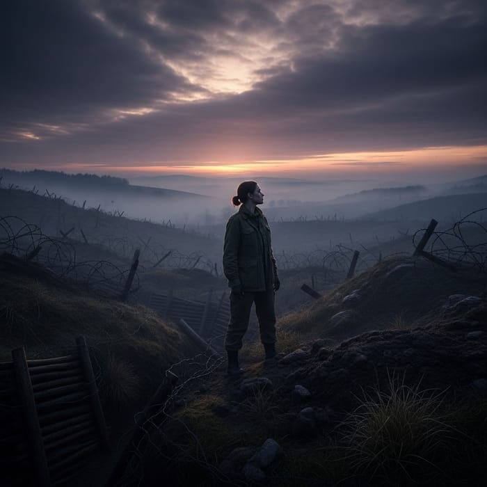 Shadowy Hills at Murky Dawn: Female Figure Rising in Sway Shadowy Hills at Murky Dawn: Female Figure Rising in Sway
