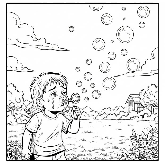 Sad Child Blowing Bubbles - Whimsical Coloring Page Design Sad Child Blowing Bubbles - Whimsical Coloring Page Design