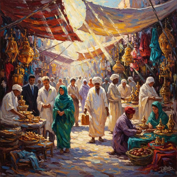 Impressionistic Desert Market with Glistening Treasures and Rich Textures