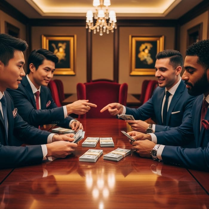 Luxurious Money Exchange: Young Affluent Men Swapping Hundred-Dollar Bills