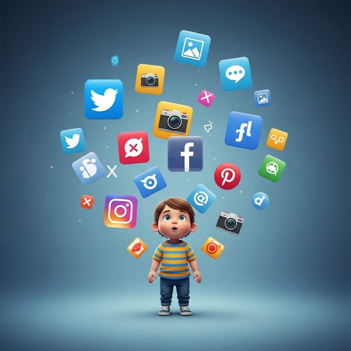 Kid Surrounded by Social Media Networks | Digital Artwork