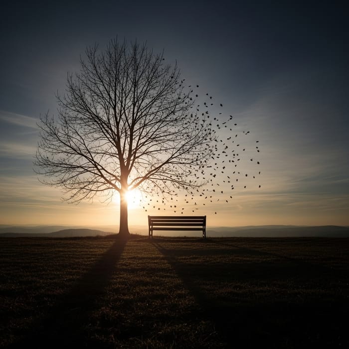 Ethereal Loss: Desolate Vistas with Solitary Tree at Dusk