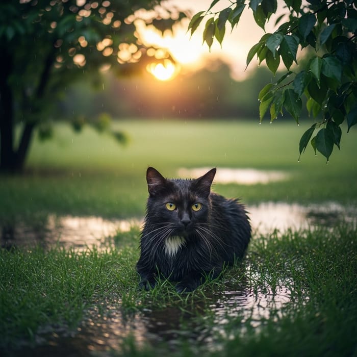 Rainy Cat Rests in Clearing
