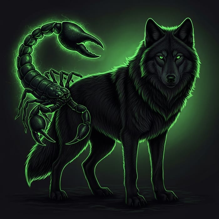 Majestic Black & Neon Green Wolf with Scorpion Tail - Dark and Mysterious