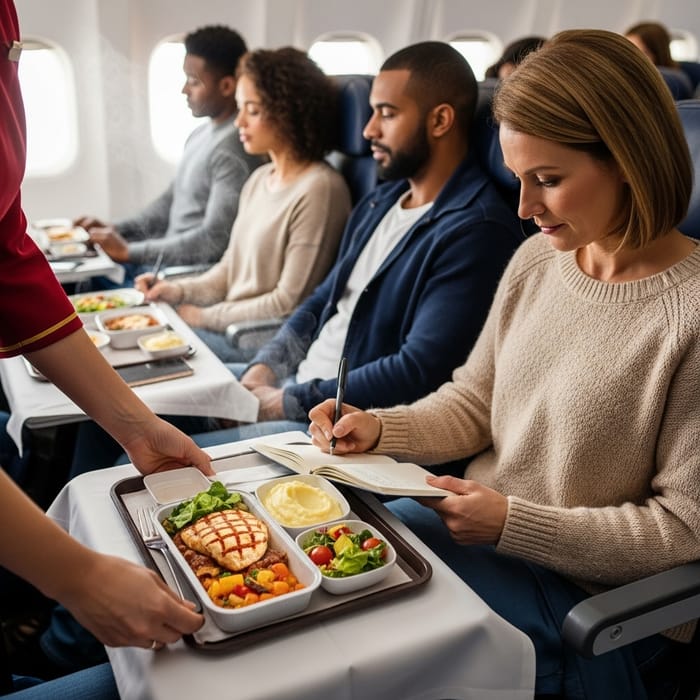 In-Flight Dining Experience: Passenger Writing Note While Meal is Served In-Flight Dining Experience: Passenger Writing Note While Meal is Served