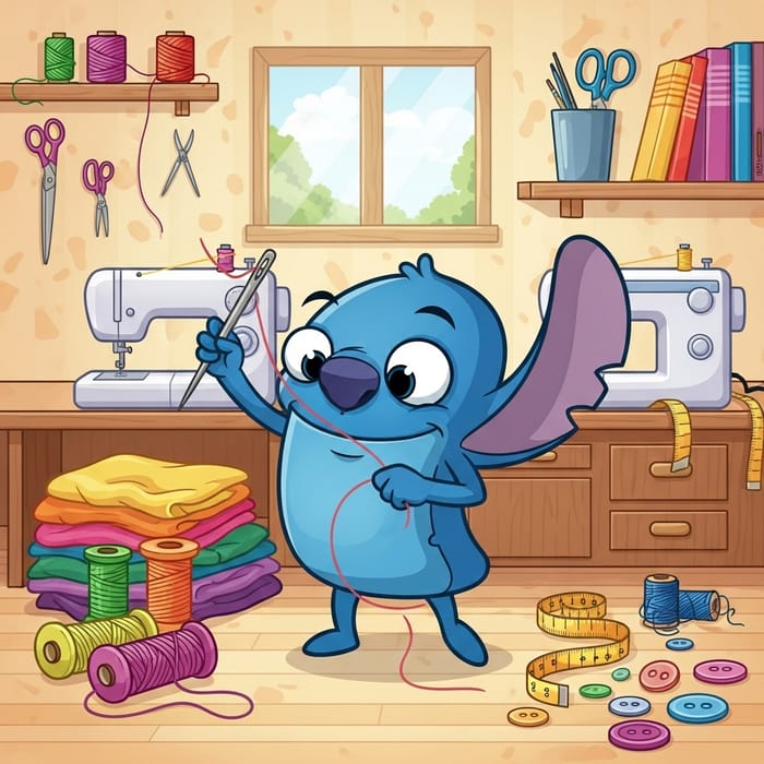 Anthropomorphized Cartoon Stitch in Vibrant Sewing Room Anthropomorphized Cartoon Stitch in Vibrant Sewing Room