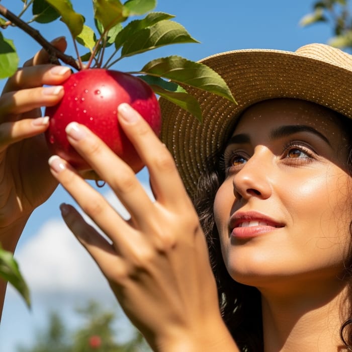 Handpicking Fresh Fruit with a Smiling Woman Handpicking Fresh Fruit with a Smiling Woman
