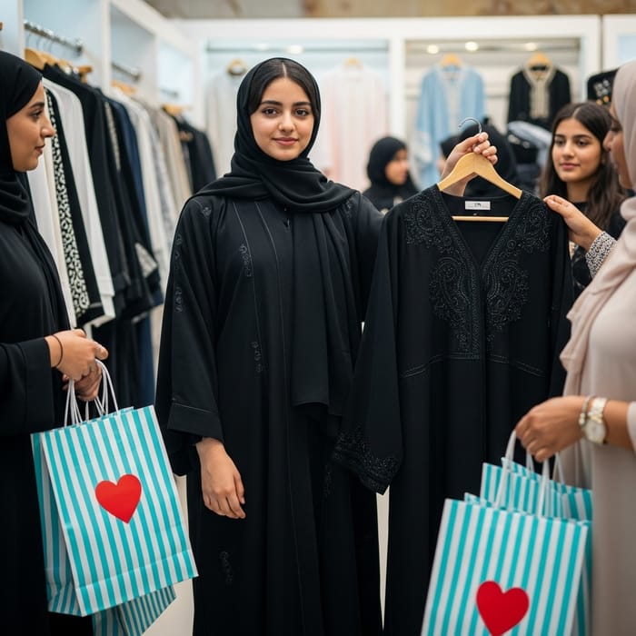 Vibrant Boutique Scene with Confident Girl and Black Abayas