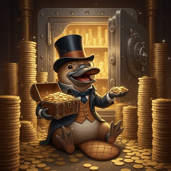 Smiling Donald Duck surrounded by coins in front of a safe Smiling Donald Duck surrounded by coins in front of a safe