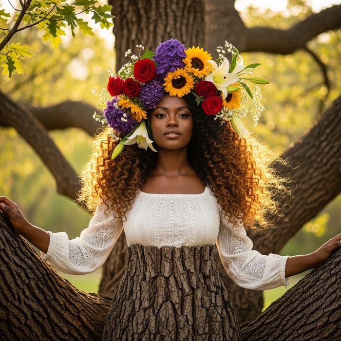Portrait of a Black Woman with Curly Hair & Flowers