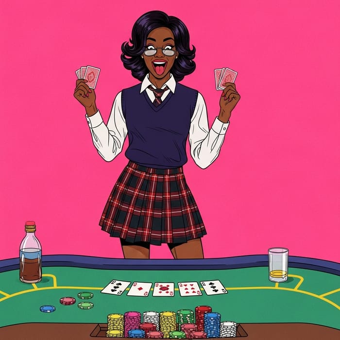 Energetic Schoolgirl in Vibrant Pop Art Poker Scene