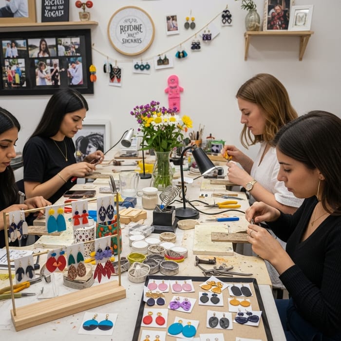 Diverse Women Crafting Unique Earrings in Vibrant Jewelry Studio Diverse Women Crafting Unique Earrings in Vibrant Jewelry Studio