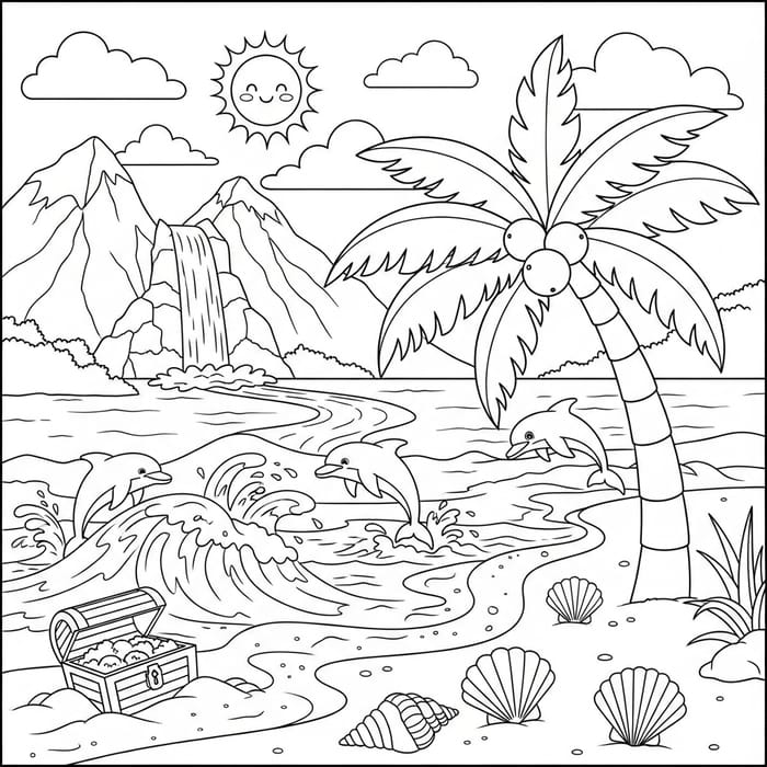 Children's Coloring Page: Vibrant Island Scene with Dolphins & Treasure Children's Coloring Page: Vibrant Island Scene with Dolphins & Treasure