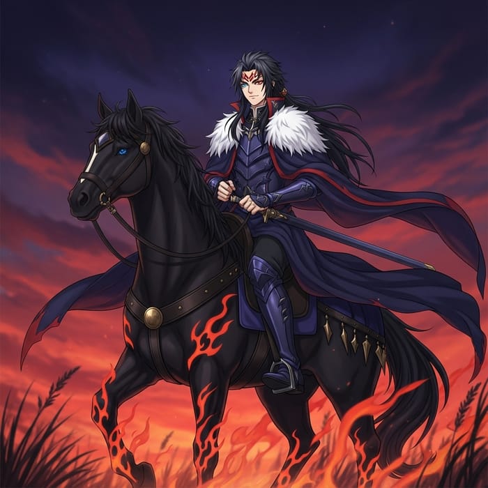 Male Anime Character with Unique Features Riding Majestic Black Horse