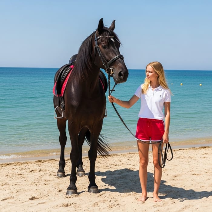 Blonde Girl in Red Shorts with Black Horse on Cloudless Beach