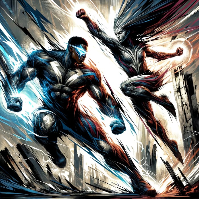 Dynamic Superhero Battle Scene: Intense Colors & Vibrant Poses