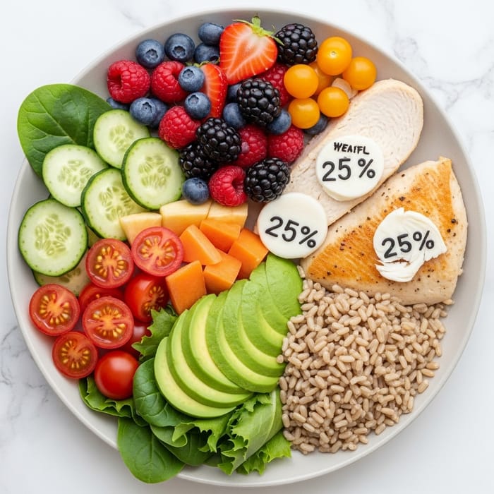 Healthy Eating Plate: 50% Fruits & Vegetables, 25% Lean Protein, 25% Whole Grains Healthy Eating Plate: 50% Fruits & Vegetables, 25% Lean Protein, 25% Whole Grains