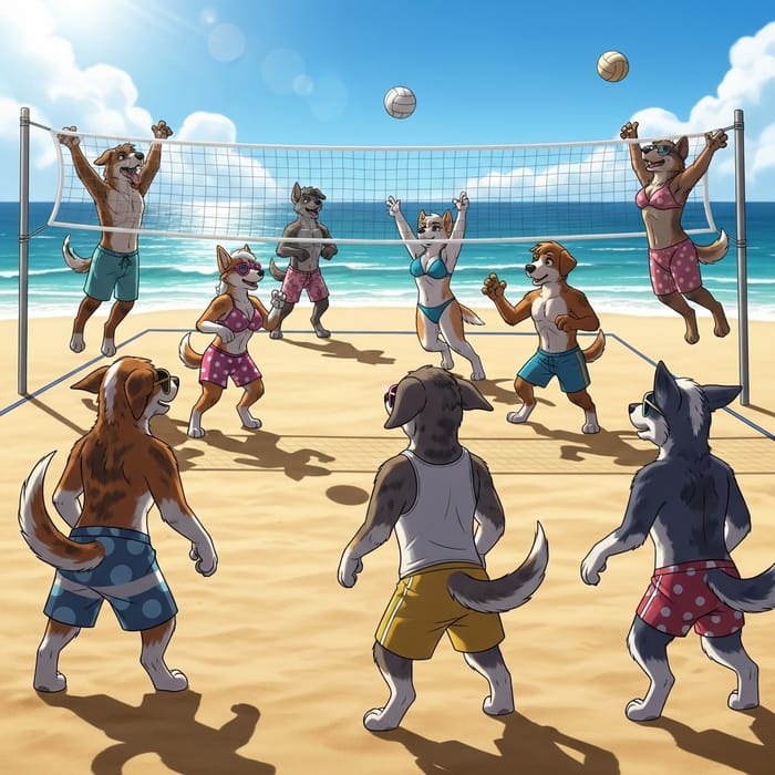Dog Beach Volleyball: Anthropomorphic Canine Players in Energetic Game Dog Beach Volleyball: Anthropomorphic Canine Players in Energetic Game