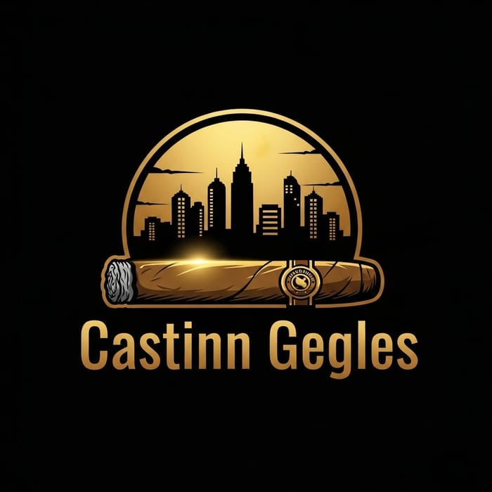 Cityscape Silhouette Logo with Prominent Cigar in Black & Gold Cityscape Silhouette Logo with Prominent Cigar in Black & Gold