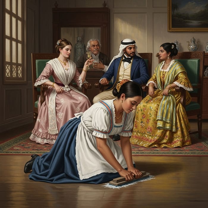 19th Century Philippines: Slave Woman Cleaning Amid High-class Conversation 19th Century Philippines: Slave Woman Cleaning Amid High-class Conversation