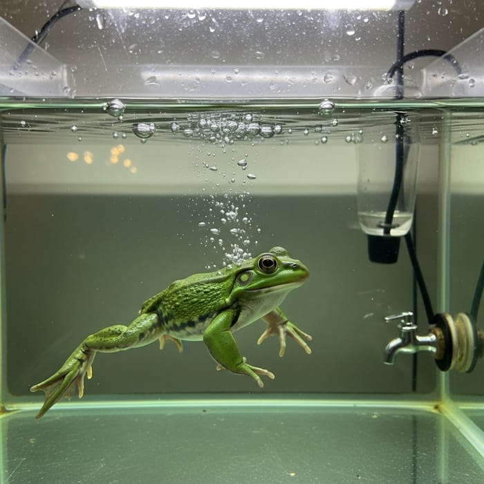 Serene Green Frog Swimming in Clear Water Tank Serene Green Frog Swimming in Clear Water Tank