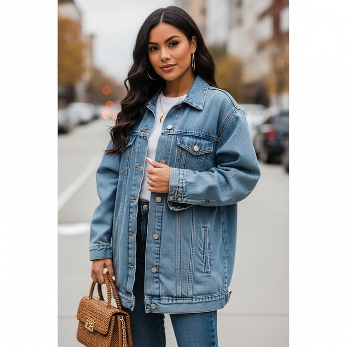 Hispanic Woman's Stylish Oversized Denim Jacket - Casual Boyfriend Style | Dokotoo Hispanic Woman's Stylish Oversized Denim Jacket - Casual Boyfriend Style | Dokotoo