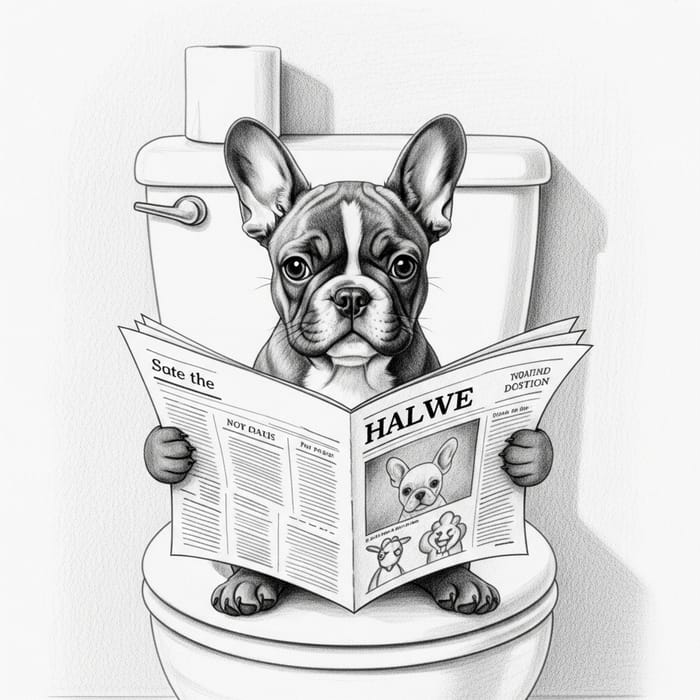 Charming French Bulldog Puppy Sketch on Toilet with Newspaper