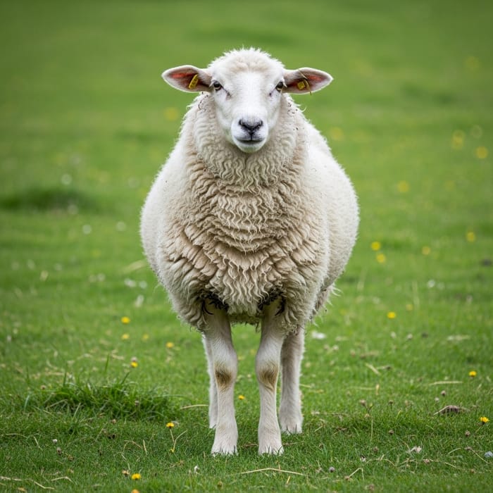 Cute and Fluffy White Sheep on Green Meadow