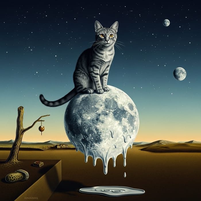 Surreal Cat on Moon inspired by Dali