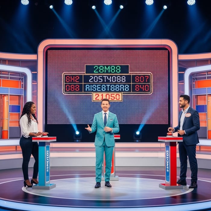 TV Game Show Host with 2 Contestants: Real Excitement on Stage TV Game Show Host with 2 Contestants: Real Excitement on Stage