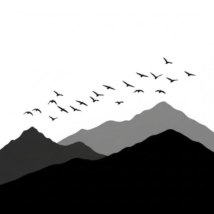 Tranquil Black and White Mountains with Birds in Flight Tranquil Black and White Mountains with Birds in Flight