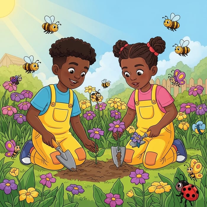Kids Planting Purple Flowers in Vibrant Garden