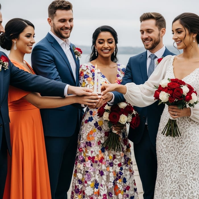 8K Hyper-Detailed Wedding Image of American Newlyweds with Unity Candle and Bouquet