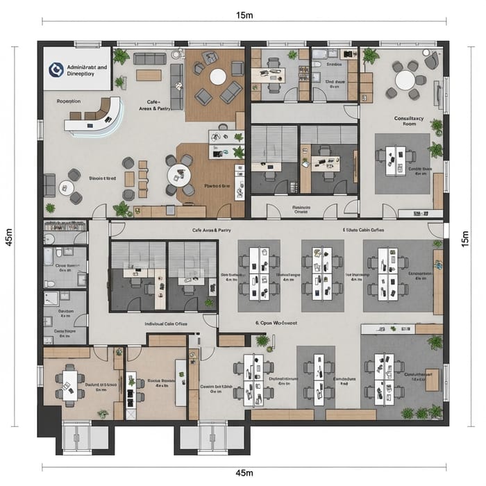 Functional Administrative Office Layout | Cafe, Consultancy Rooms & Cabin Offices