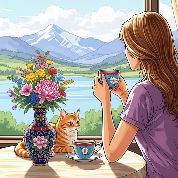 Detailed Watercolor Painting of Woman Enjoying Morning Coffee and Scenic View Detailed Watercolor Painting of Woman Enjoying Morning Coffee and Scenic View